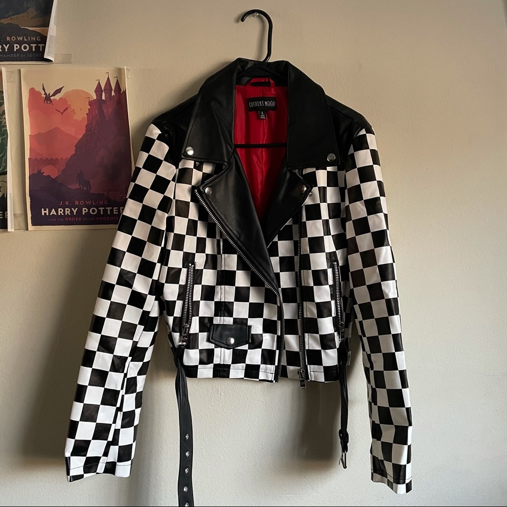 current mood checkerboard moto leather jacket